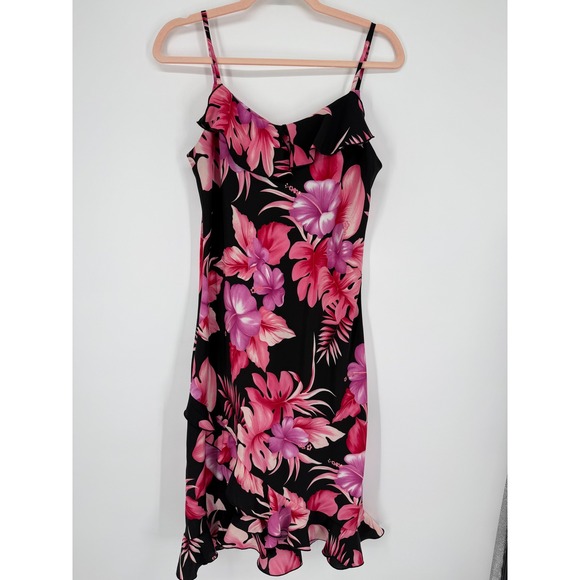 Mlle Gabrielle Dresses & Skirts - Mlle Gabrielle Floral Slip Dress Womens 10P Black Pink Tropical Ruffle Petite